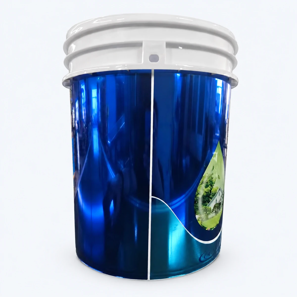 Decorated round plastic pail with white lid and carry handle